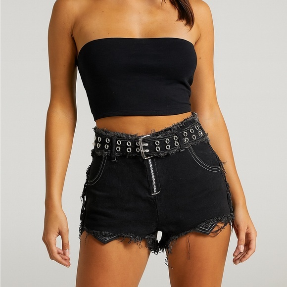 Miaou Pants - Miaou Black Distressed Denim Shorts w/ Grommet Belt Size 24 LA Made - Rare